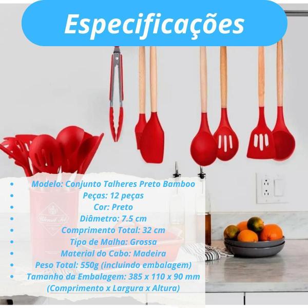 Imagem de Kit 12 Peças Utensílios Cozinhha Cabo Madeira Silicone