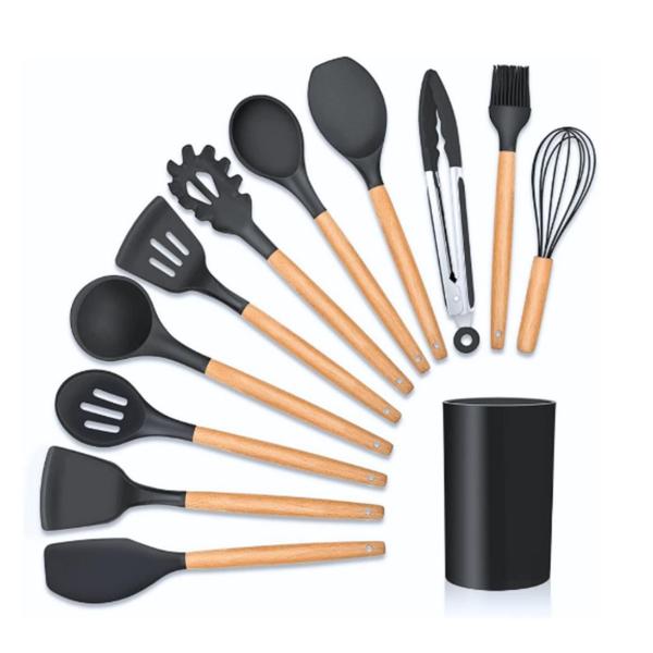 Imagem de Kit 12 Peças Utensílios De Cozinha Colher De Silicone Cabo Madeira Talher