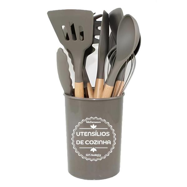 Imagem de Kit 12 Peças Utensílios De Cozinha Em Silicone Cabo Madeira