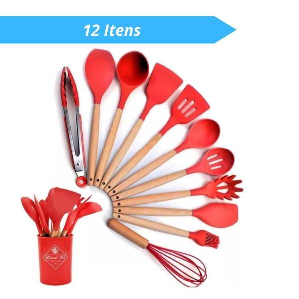 Imagem de Kit 12 Peças Utensílios De Cozinhha Cabo De Madeira Silicone - Entrega Rápida