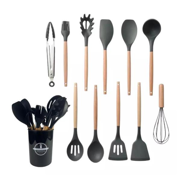 Imagem de Kit 12 Peças Utensílios Silicone Cinza Concha Colher Madeira