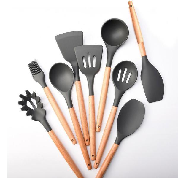 Imagem de Kit 12 Peças Utensílios Silicone Cinza Concha Colher Madeira