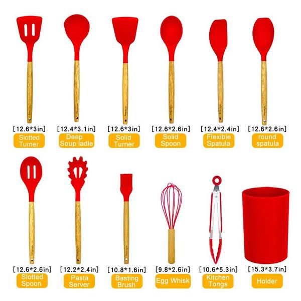 Imagem de Kit 12 Peças Utensílios Silicone Madeira Luxo Cozinha Rosa