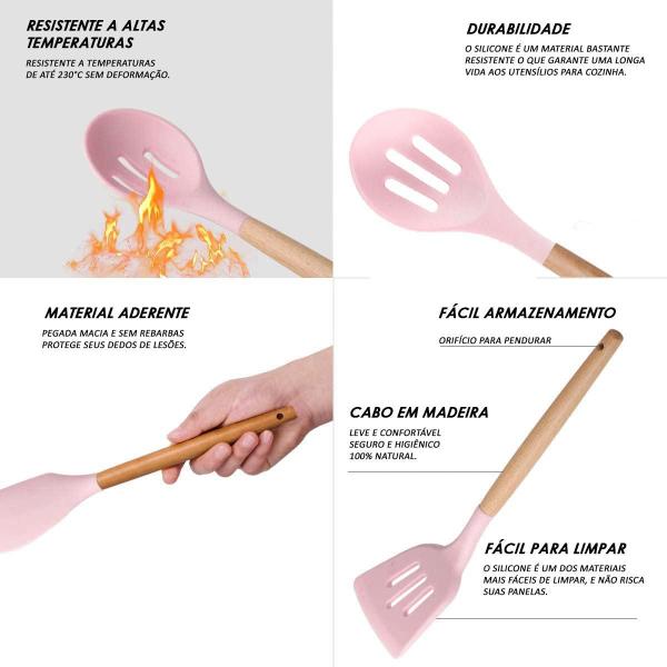 Imagem de Kit 12 Peças Utensílios Silicone Rosa Concha Colher Madeira