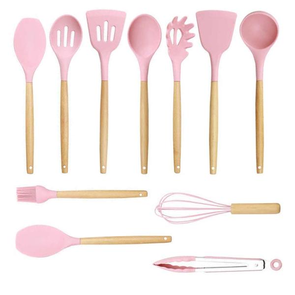 Imagem de Kit 12 Peças Utensílios Silicone Rosa Concha Colher Madeira