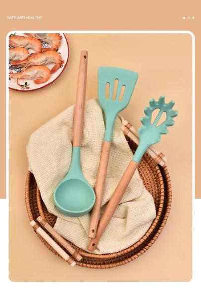 Imagem de Kit 12 Peças Utensílios Silicone Verde Concha Colher Madeira