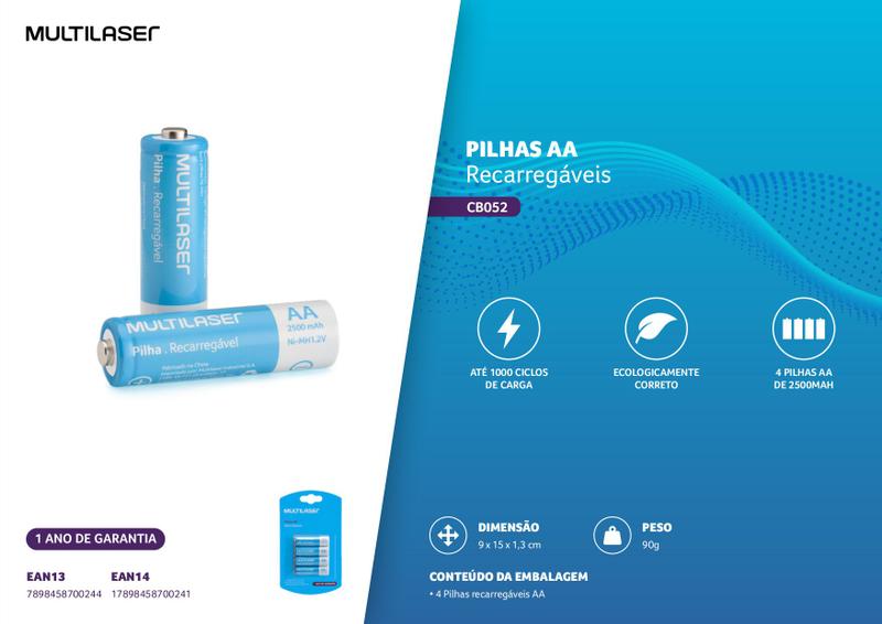 Imagem de Kit 12 pilhas recarregaveis aa 2500mah com 12 unidades multilaser