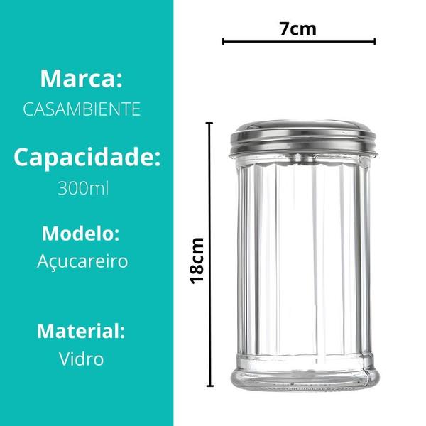 Imagem de Kit 12 Porta Condimento De Queijo Ralado Vidro Tampa Inox Queijeira 300ml