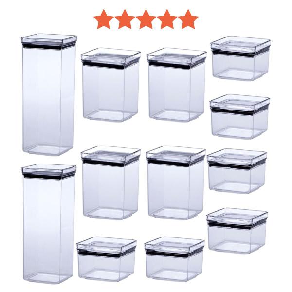 Kit 12 Pote Hermético Quadrado Alimento Organização Conjunto Cozinha Porta Mantimento Jogo Tampa Vácuo Empilhável - Paramount Plásticos Imagem de Kit 12 Pote Hermético Quadrado Alimento Organização Conjunto Cozinha Porta Mantimento Jogo Tampa Vácuo Empilhável