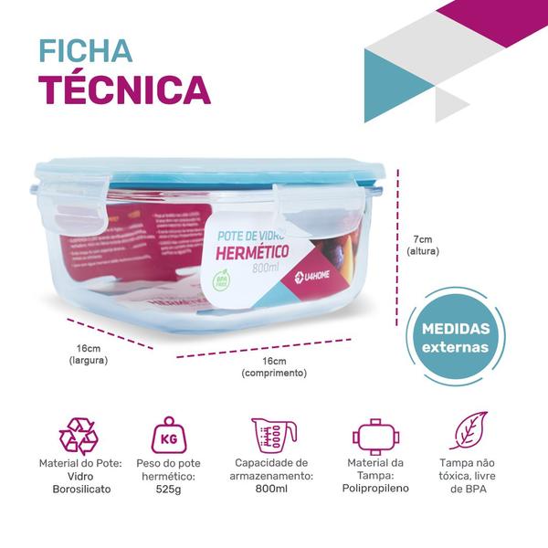 Imagem de Kit 12 Pote Hermético Vidro Resistente Marmita Fitness 800ml