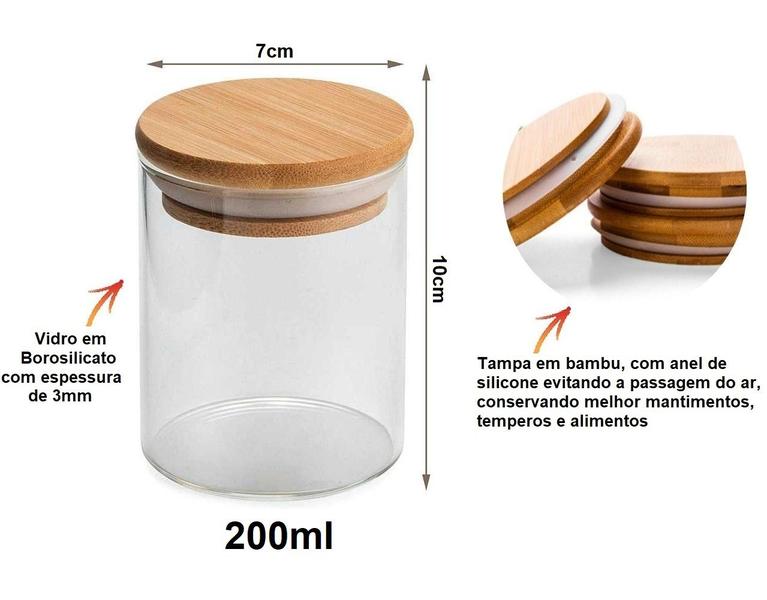 Imagem de Kit 12 Potes De Vidro 200ml Hermético Mantimento Tampa Bambu