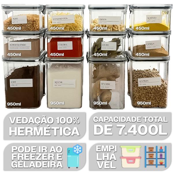 Imagem de Kit 12 Potes Herméticos 4x 950ml  8x 450ml Com Trava Reforçada 100 Vedado