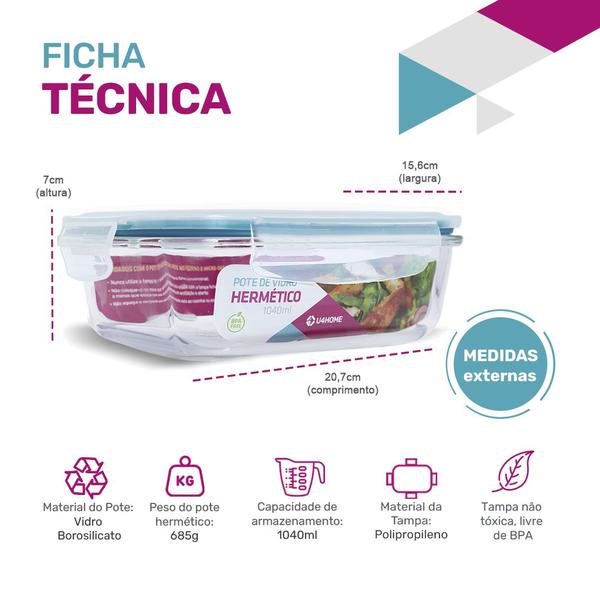 Imagem de Kit 12 Potes Herméticos De Vidro Retangular Com Tampa 1040ml