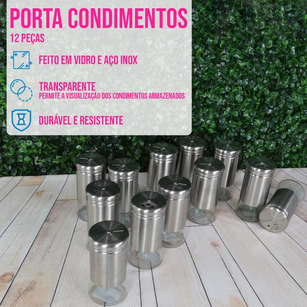 Imagem de Kit 12 Potes Vidro Porta Condimentos Temperos Saleiro Inox