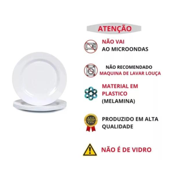 Imagem de Kit 12 Pratos Branco Raso Melamina Garfo Faca Colher Inox