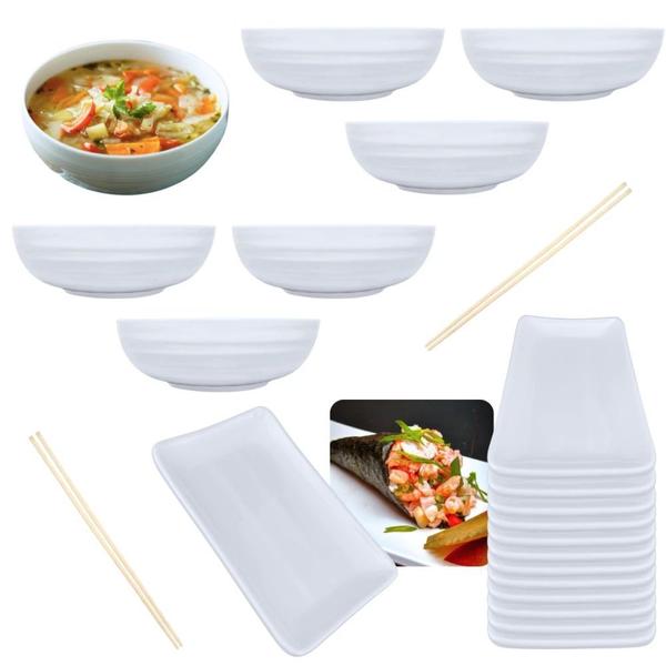 Imagem de Kit 12 Pratos para Sushi 17,8cm + 6 Tigelas Cumbuca de 1,5l Poke Yakisoba + 20 Pares Hashi Bambu Comida Japonesa