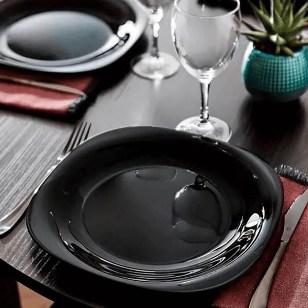Kit 12 Pratos Rasos 27cm Vidro Opalino Lyor Quadrado Carine Black Brilhante Mesa Posta Imagem de Kit 12 Pratos Rasos 27cm Vidro Opalino Lyor Quadrado Carine Black Brilhante Mesa Posta