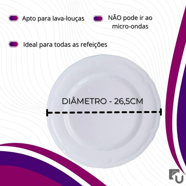 Imagem de Kit 12 Pratos Rasos Redondo Branco Premium de Melamina Plástico Resistente 26,5cm Leve - Bestfer