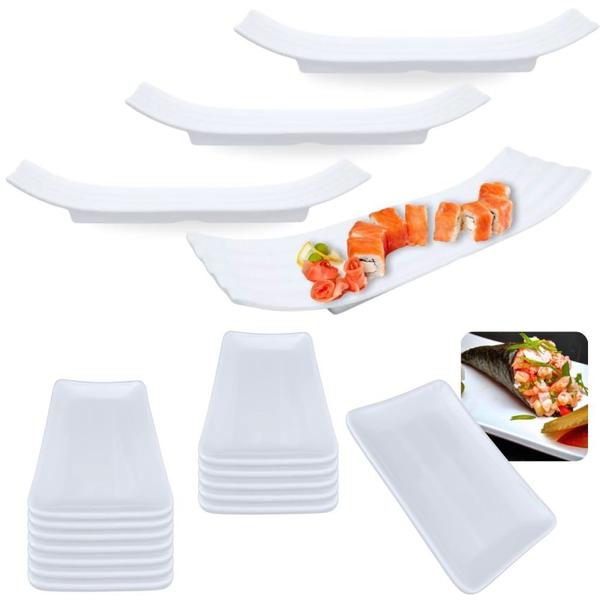 Imagem de Kit 12 Pratos Retangular para Sushi 17,8cm + 3 Travessas Bordas Onduldas 36x12 em Melamina Restaurante Japones  Bestfer 