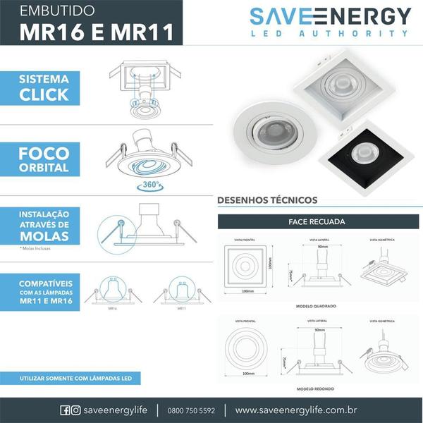 Imagem de Kit 12 Spot Embutir Mr16 Quadrado Recuado Branco + Lâmpada Dicroica 4,8w 6500k