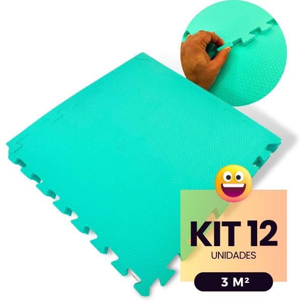 Imagem de Kit 12 Tapete Infantil EVA Placas Peça Estilo Piso Tatame 50x50cm 10mm (3 m²) Emborrachado Crianças Bebes Exercícios c/ Encaixe + Bordas Acabamento