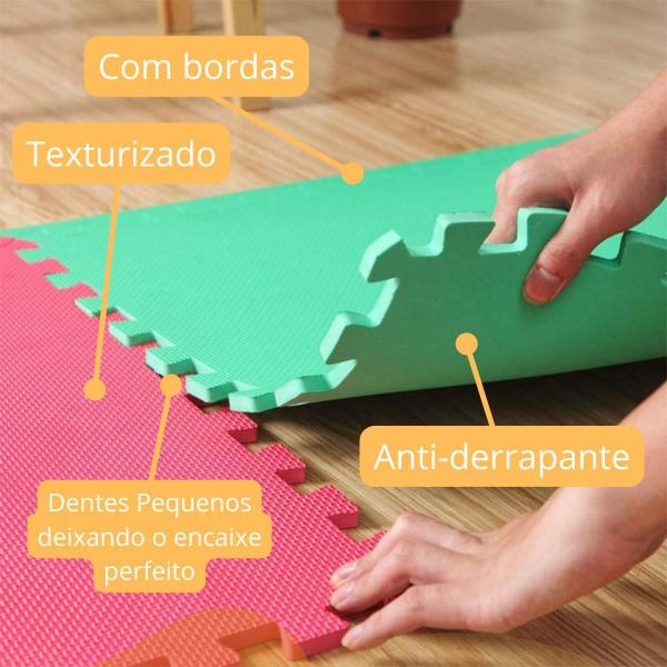 Imagem de Kit 12 Tatames Infantil Colorido 50cmx50cm 10mm (Montado 3m²) +24 Bordas p/ Bebê Criança Pet Piscina Brinquedo Quebra Cabeça