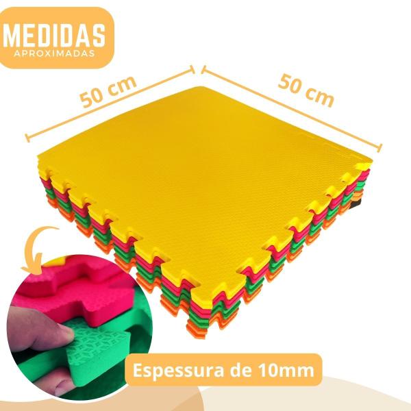 Imagem de Kit 12 Tatames Infantil Colorido 50cmx50cm 10mm (Montado 3m²) +24 Bordas p/ Bebê Criança Pet Piscina Brinquedo Quebra Cabeça