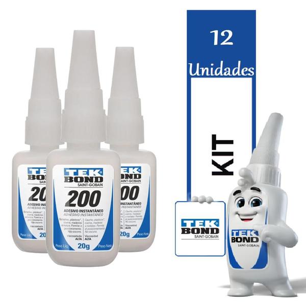 Imagem de Kit 12 TEKBond 200 Adesivo Instantâneo Multiuso 20g Cada