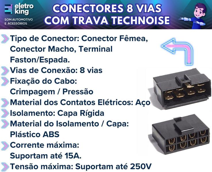 Imagem de Kit 12 Terminal Conector 8 Vias Trava Macho Fêmea Technoise