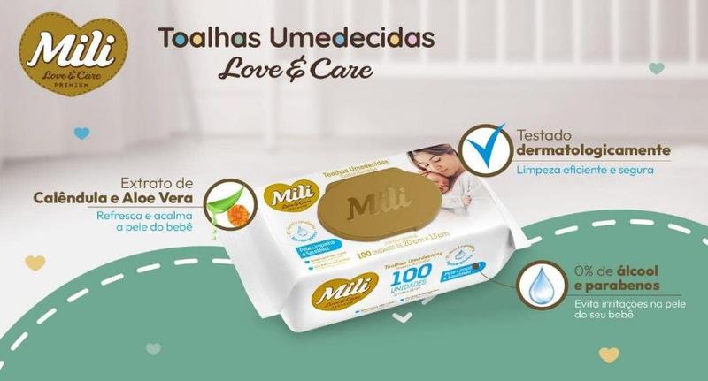 Imagem de Kit 12 Toalhinha Umedecida Love&Care com 100 Unidades - Mili