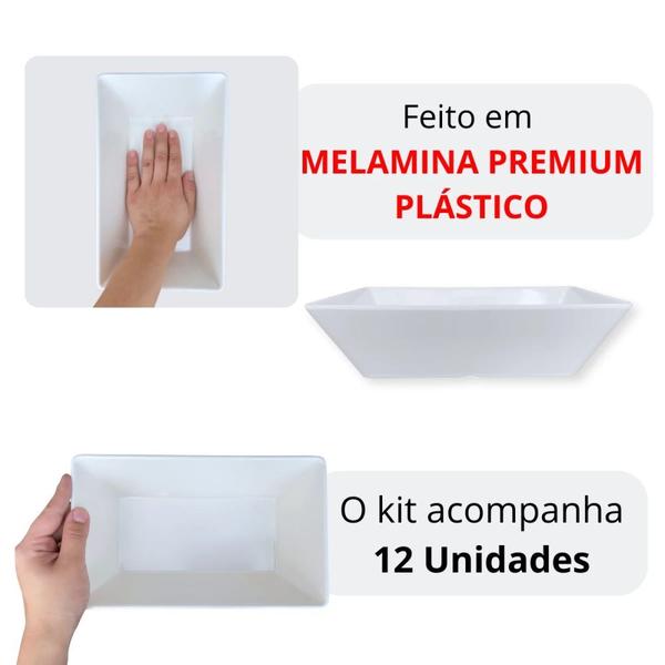 Imagem de Kit 12 Travessas 25 Cm Retangulares Fundas para Buffet Restaurante Profissional Melamina Premium Branca  Bestfer 