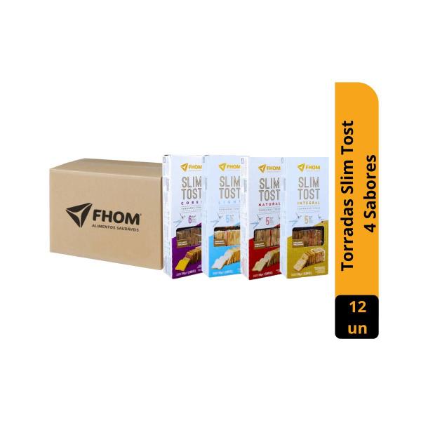 Kit 12 unid Torrada Slim Tost 4 sabores Vegano Caixa FHOM Imagem de Kit 12 unid Torrada Slim Tost 4 sabores Vegano Caixa FHOM