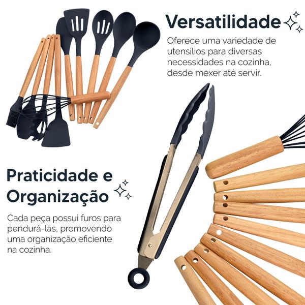 Imagem de Kit 12 Utensílios Cozinha Silicone Cabo De Madeira Pegador