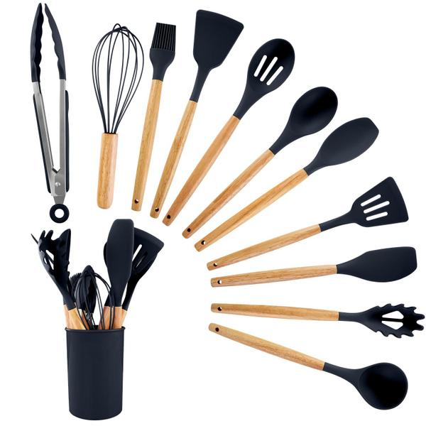 Imagem de Kit 12 Utensílios Cozinha Silicone Cabo De Madeira Pegador