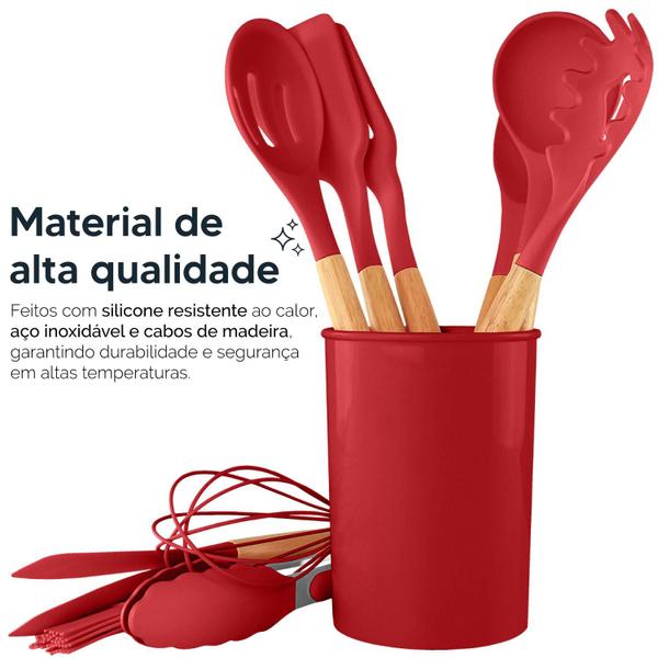 Imagem de Kit 12 Utensílios Cozinha Silicone Cabo De Madeira Pegador