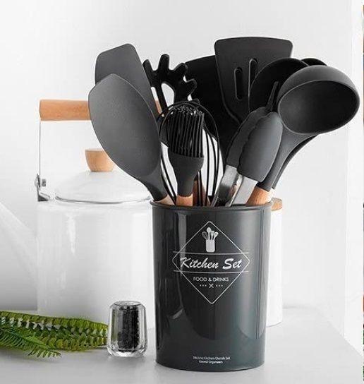 Imagem de Kit 12 Utensílios Cozinha Silicone Cabo Madeira Bambu Casa Cozinha Colher Espátula Livre BPA