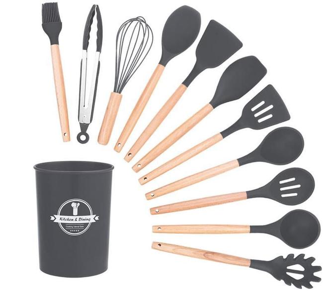 Imagem de Kit 12 Utensílios Cozinha Silicone Cabo Madeira - Cinza