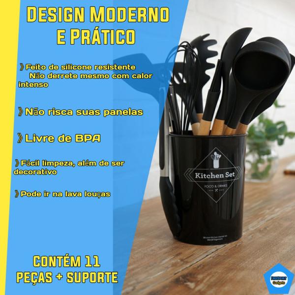 Imagem de Kit 12 Utensílios Cozinha Silicone Cabo Madeira 