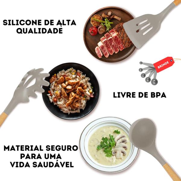 Imagem de Kit 12 Utensílios De Cozinha Com Cabo De Madeira E Silicone