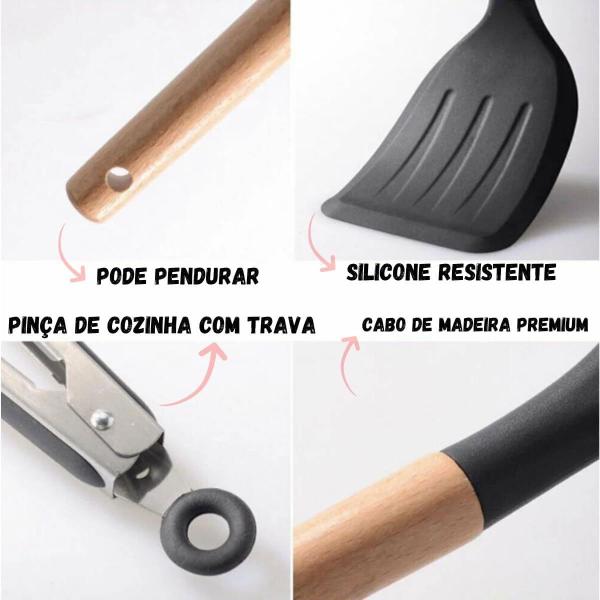 Imagem de Kit 12 Utensílios de Cozinha em Silicone Cabo de Madeira Cozinha Moderna Linha Premium