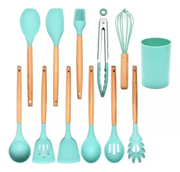 Imagem de Kit 12 Utensílios De Cozinha Em Silicone Cabo Madeira Verde