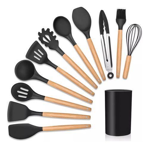 Imagem de Kit 12 Utensílios De Cozinha Em Silicone Com Cabo De Madeira