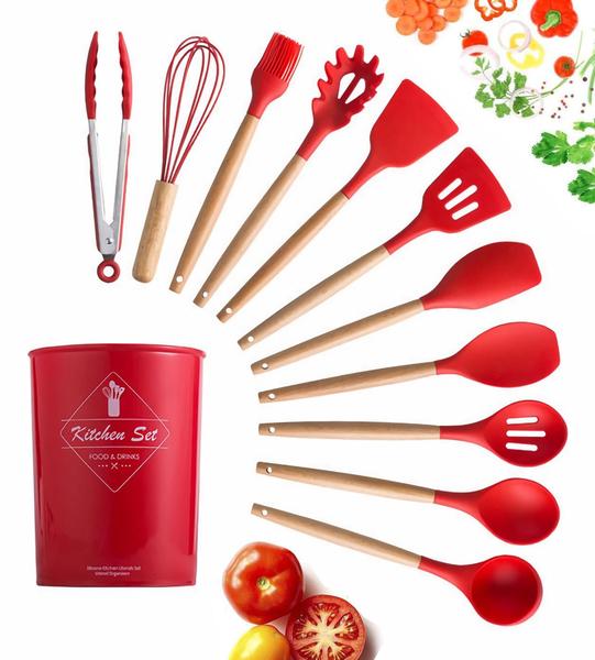 Imagem de Kit 12 Utensílios De Cozinha Em Silicone E Cabo De Madeira