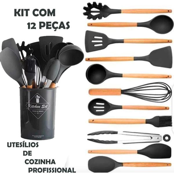 Imagem de Kit 12 Utensílios De Cozinha Em Silicone E Cabo De Madeira