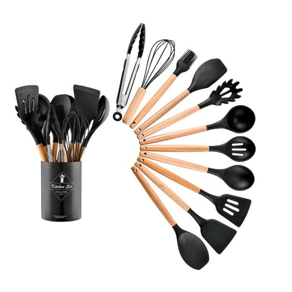 Imagem de Kit 12 Utensílios De Cozinha Em Silicone E Cabo De Madeira