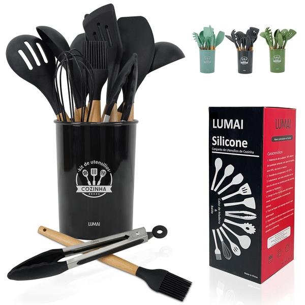 Imagem de Kit 12 Utensílios De Cozinha Em Silicone E Cabo De Madeira LUMAI