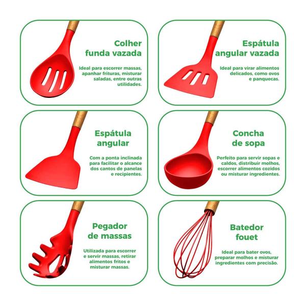 Imagem de Kit 12 Utensílios De Cozinha Em Silicone E Cabo De Madeira