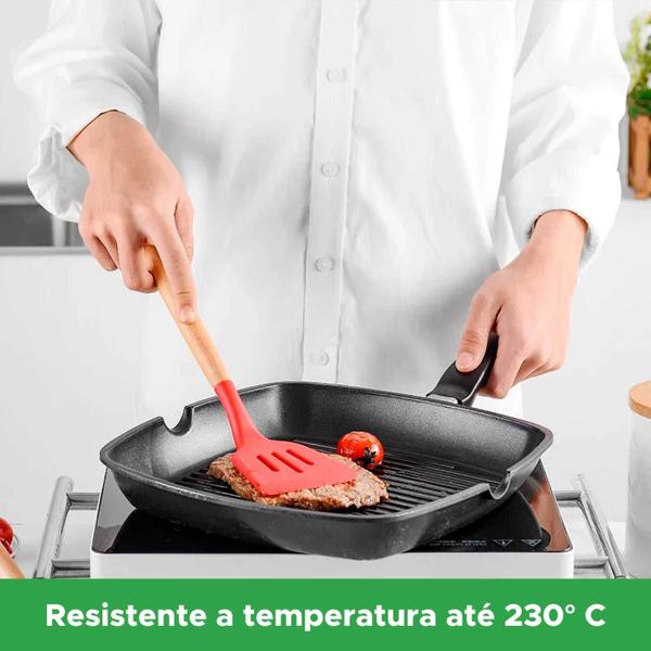 Imagem de Kit 12 Utensílios De Cozinha Em Silicone E Cabo De Madeira