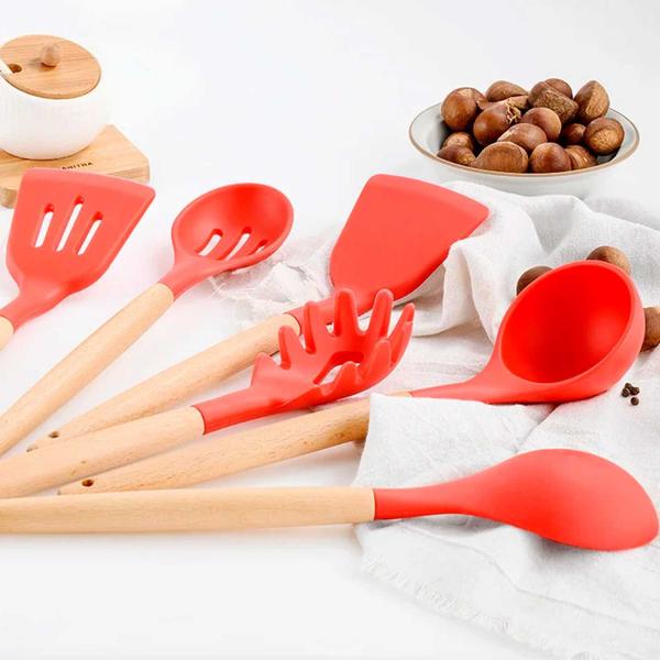 Imagem de Kit 12 Utensílios De Cozinha Em Silicone E Cabo De Madeira