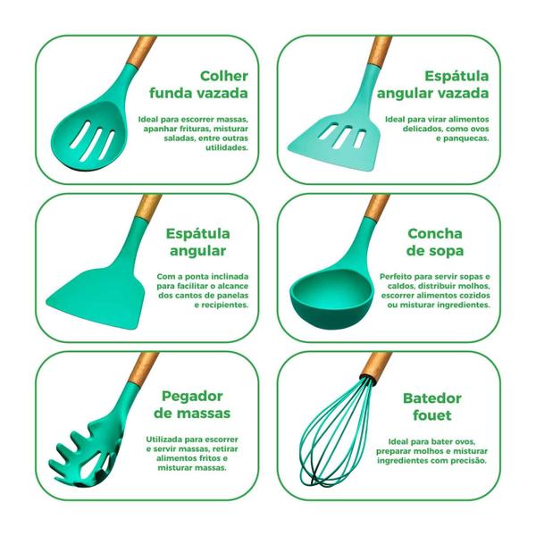 Imagem de Kit 12 Utensílios De Cozinha Em Silicone E Cabo De Madeira